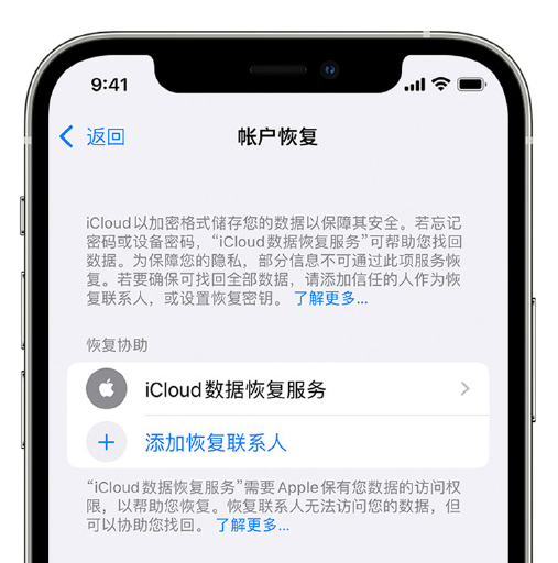 环翠苹果手机维修分享在 iPhone 上设置帐户恢复联系人的方法 