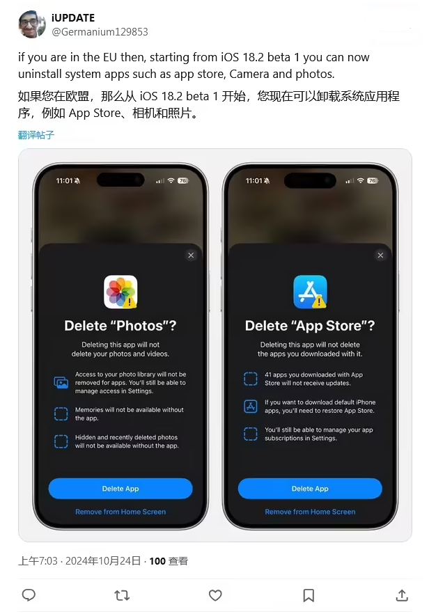 环翠苹果手机维修分享iOS 18.2 支持删除 App Store 应用商店 