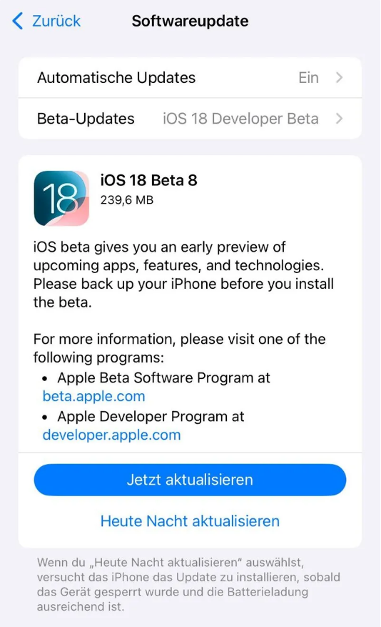 环翠苹果手机维修分享苹果 iOS / iPadOS 18 开发者预览版 Beta 8 发布 